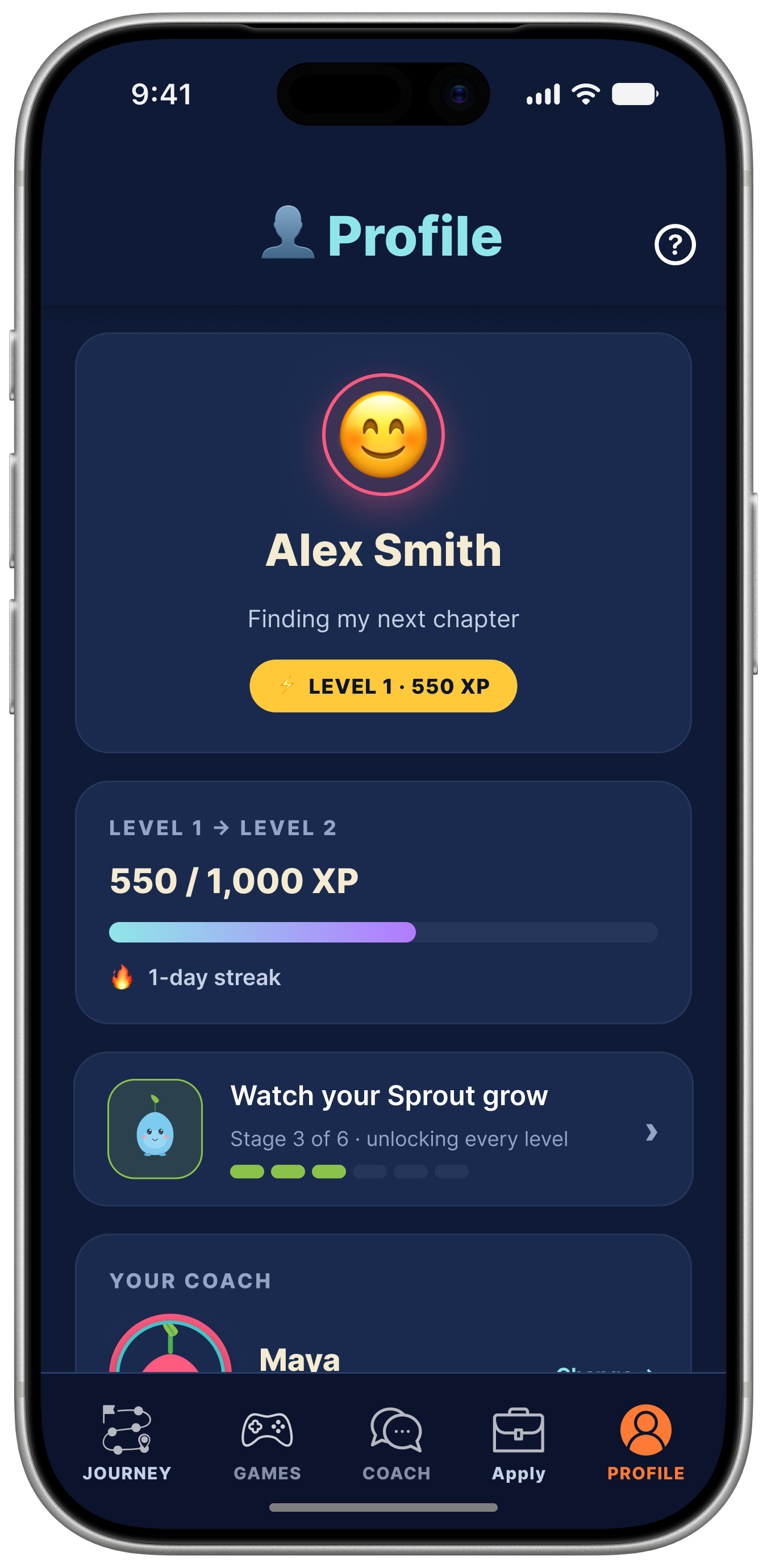 Profile screen showing Level 1 progress, a 1-day streak, the Sprout growth tracker at Stage 3 of 6, and the selected AI coach Maya